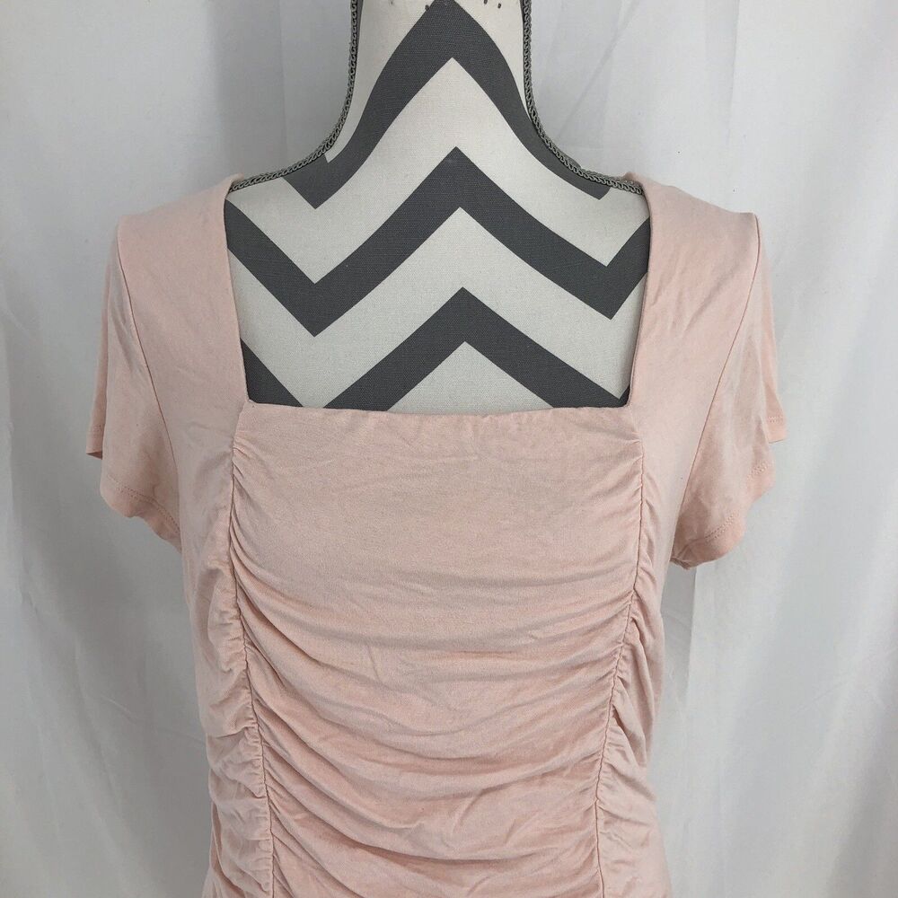 INC International Concepts Pink Ruched Short Sleeve Stretch Lined Blouse Large